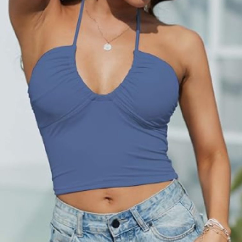 Blue Halter Neck Crop Top